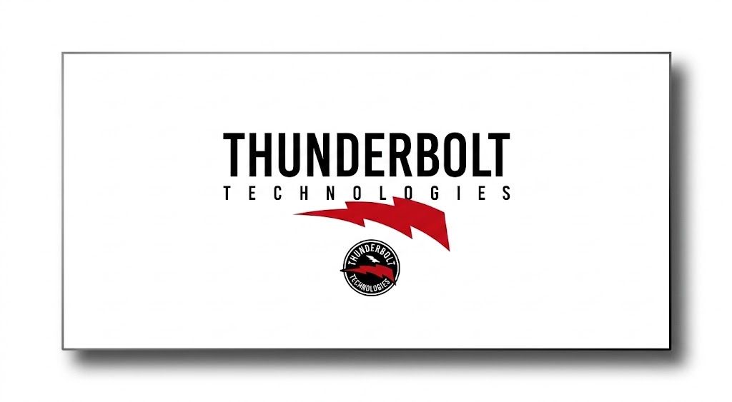 サンダーボルトバナー - SHOP NEWS | ムラサキスポーツオンラインストア 通販 Thunderbolt Technologies logo with a red bolt arc and circular seal on white background