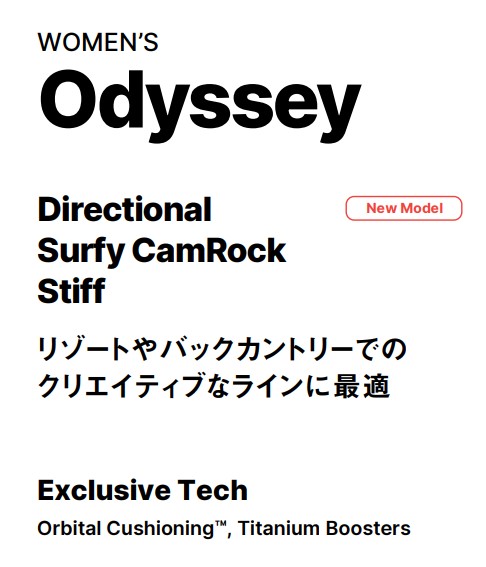 Women’s Odyssey product hero: Directional Surfy CamRock Stiff snowboard boot line with a New Model badge, Japanese tagline, and features Orbital Cushioning and Titanium Boosters.