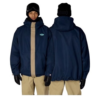1994 LIBERTY JACKET - SHOP NEWS | ムラサキスポーツオンラインストア 通販 Navy blue weather jacket shown from front and back with beige zipper, worn by a person in a beanie and gloves.
