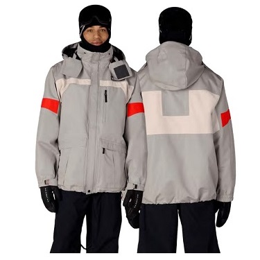 2001 LOGIC JACKET - SHOP NEWS | ムラサキスポーツオンラインストア 通販 Unisex gray waterproof jacket shown from front and back, with a hood, zip pockets, black gloves, and red reflective arm bands for visibility.