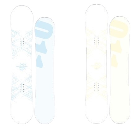 Two pairs of skis standing upright side by side, one pair with a light blue design and the other with a pale pastel design on a white background sanitation of space behind them.