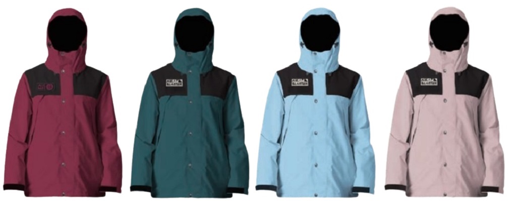 ABCPJKTし - SHOP NEWS | ムラサキスポーツオンラインストア 通販 Four hooded jackets in burgundy, teal, light blue, and pink with black shoulder panels and a left-chest patch, shown side by side.
