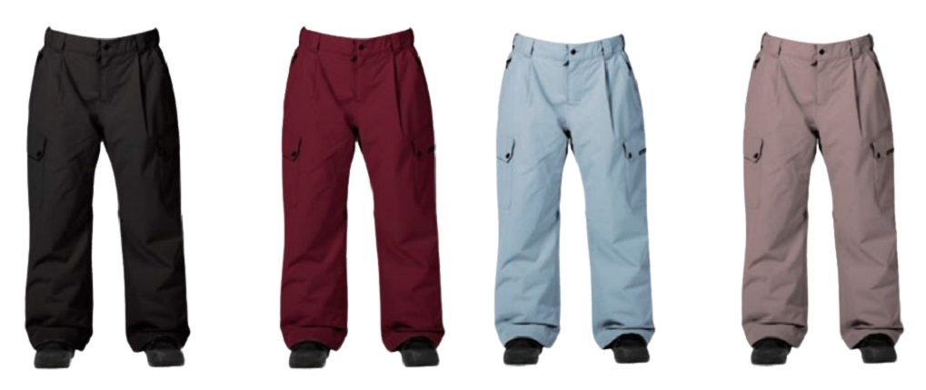 ABCPPNT - SHOP NEWS | ムラサキスポーツオンラインストア 通販 Four pairs of cargo pants in black, burgundy, light blue, and taupe, each with multiple pockets and buttoned hems at the ankles on a white background.