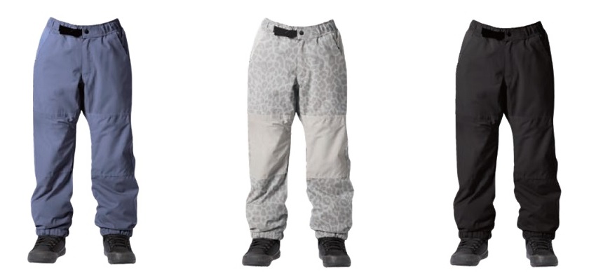 ABPNT - SHOP NEWS | ムラサキスポーツオンラインストア 通販 Three pairs of outdoor pants shown side by side: blue pants, gray leopard/camo-pattern pants with reinforced knees, and solid black pants, all worn with hiking boots.