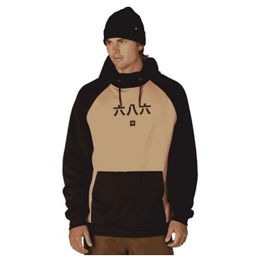 BONDED FLEECE HOODY KHAKI COLORBLOCK - SHOP NEWS | ムラサキスポーツオンラインストア 通販 Male model wearing a tan and black color-block hoodie with Chinese characters on the chest and a black beanie, facing forward.