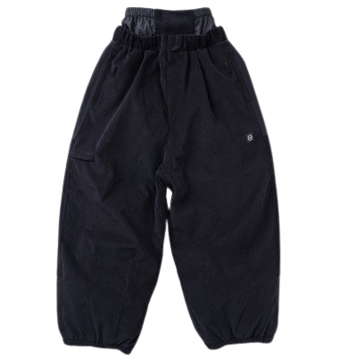 Dark navy corduroy-like jogger pants with elastic waistband and gathered cuffs.
