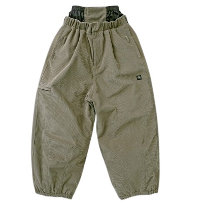 Olive-green loose-fit pants with an elastic waistband and gathered cuffs at the ankles.