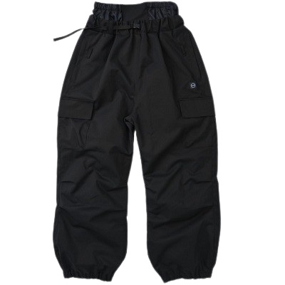 Black cargo pants with an elastic waistband, drawstring, and cuffed hems, featuring side pockets and a small logo patch on the thigh.