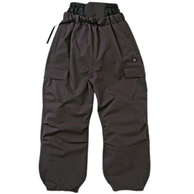 Dark brown cargo pants with an elastic waistband, drawstring, and large side pockets for outdoor wear.