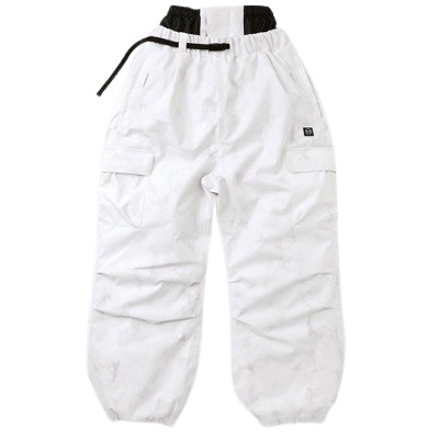 White cargo pants with a black drawstring, elastic waistband and cuffs, featuring front and cargo pockets.