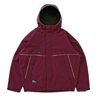 Burgundy hooded jacket with front zipper, two zip pockets outlined in white piping.