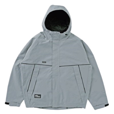 Light gray hooded windbreaker jacket with two front zip pockets and a front zipper.