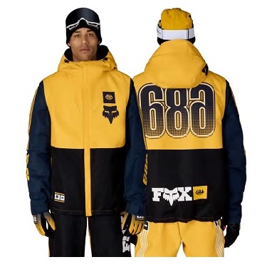 Two men modeling yellow and navy snowboarding jackets; front and back views reveal large 686 branding and FOX logo.