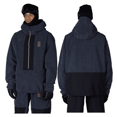 GHOST 25 NAVY - SHOP NEWS | ムラサキスポーツオンラインストア 通販 Front and back views of a navy corduroy parka with hood, chest zipper, and a black lower back panel, worn with gloves and a beanie.