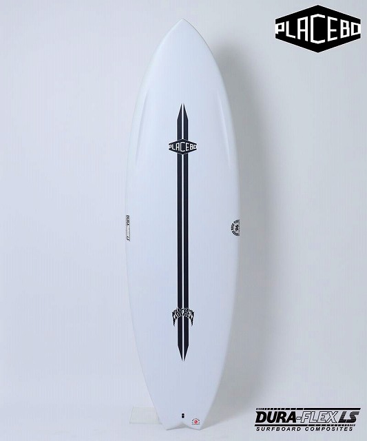 White surfboard with a vertical black sword motif and Placebo branding along the center, Dura-Flex logo at the bottom corner.”,