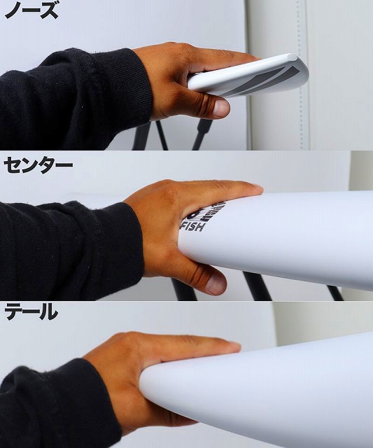 Three-panel sequence of a hand gripping a white cylindrical tube at the nose, center, and tail, with Japanese labels.