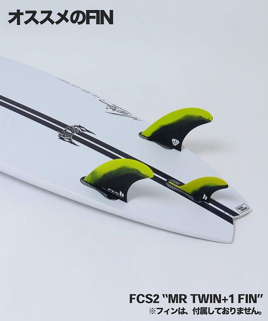 White surfboard with neon yellow-green fins mounted; Japanese text 'オススメのFIN' top left and 'FCS2 MR TWIN+1 FIN' bottom right visible.