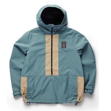 LS1 SHELL ANORAKRFCB - SHOP NEWS | ムラサキスポーツオンラインストア 通販 Blue-green hooded windbreaker with a beige center stripe, front zip, and a large front pocket with beige side panels.