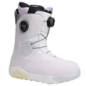 White snowboard boot with a black BOA dial and light purple lining, showing a rugged tread sole.