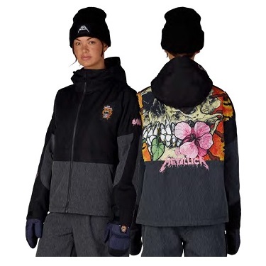 METALLICA BURNING SK - SHOP NEWS | ムラサキスポーツオンラインストア 通販 Front and back views of a person wearing a black and gray hooded jacket with patches; back features a large floral graphic and the'Metallica' logo.