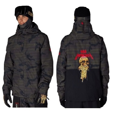 METALLICA ONE INS - SHOP NEWS | ムラサキスポーツオンラインストア 通販 Two views of a black camouflage parka with a hood; front shows a high collar and zipper, back features a red skeleton graphic.