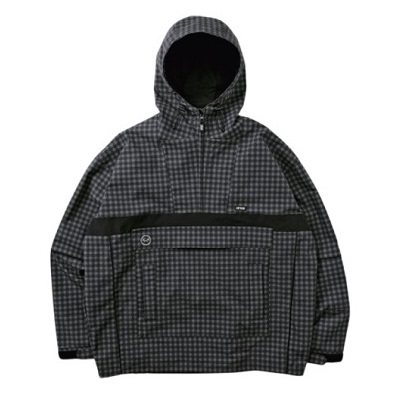Dark gray and black checkered hooded jacket with a front kangaroo pocket and a zippered chest pocket
