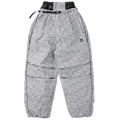 Ginghams-patterned cargo pants with elastic waistband, black drawstring, and cuffed ankles.