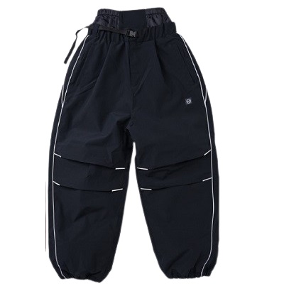 Black cargo pants with drawstring waist, multiple pockets, and white piping along the seams.