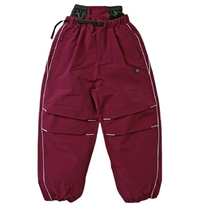 Maroon snow pants with adjustable drawstring waist, zip pockets, and elastic cuffs at the ankles.