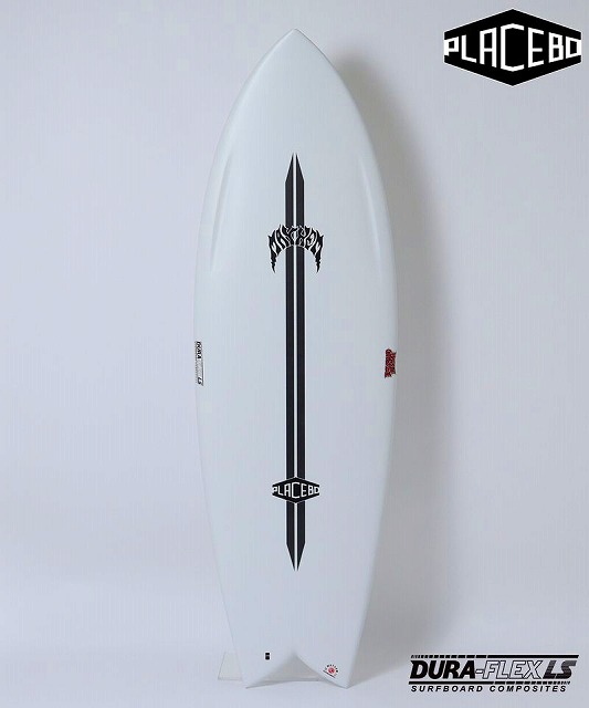 White surfboard with a bold black vertical sword graphic running center, and Placebo branding visible mid-board with Dura-Flex logo at the bottom corner.