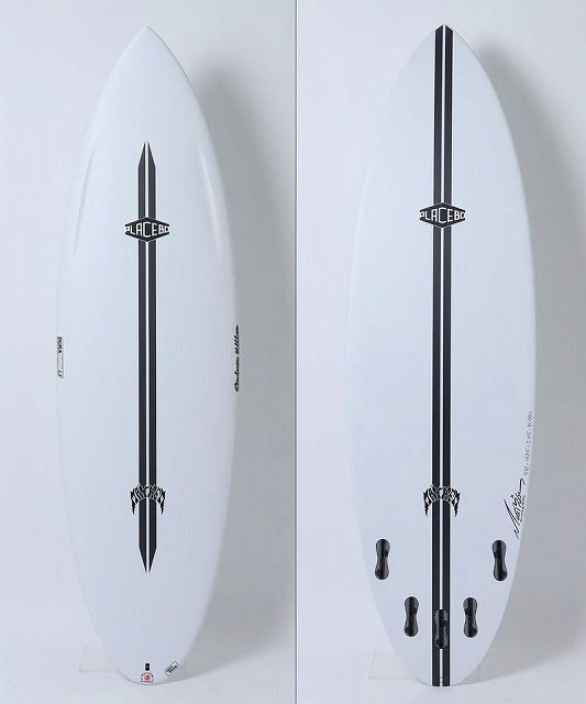 Two white surfboards displayed upright with a central vertical black stripe and branding logos; the left board has a single fin box, the right board shows multiple fin boxes.