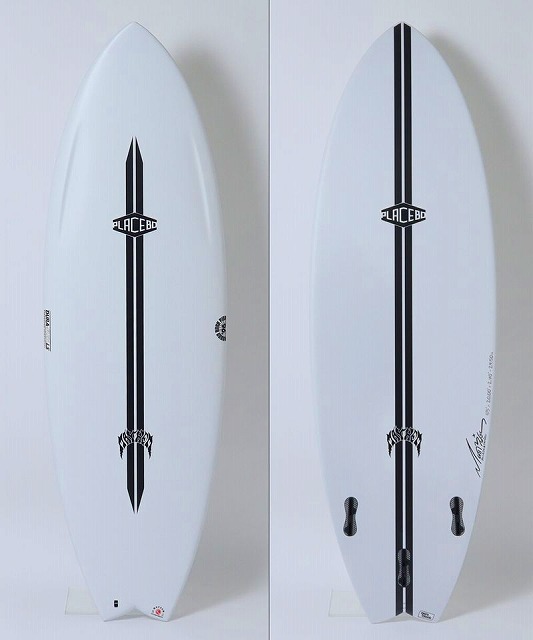 Two white surfboards split image: each has a centered black vertical stripe and Placebo logo; one shows fins on the bottom.