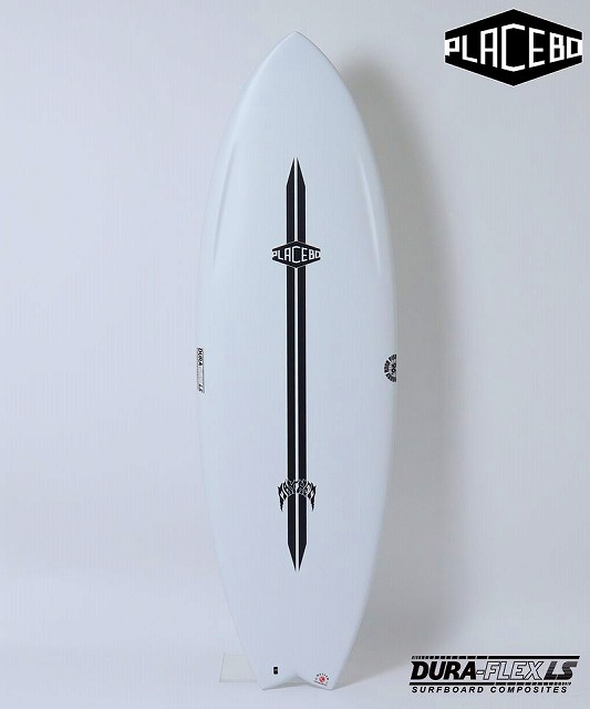 Surfboard with a white finish, black vertical stripe running down the center and PLACEBO logos, standing upright against a wall.