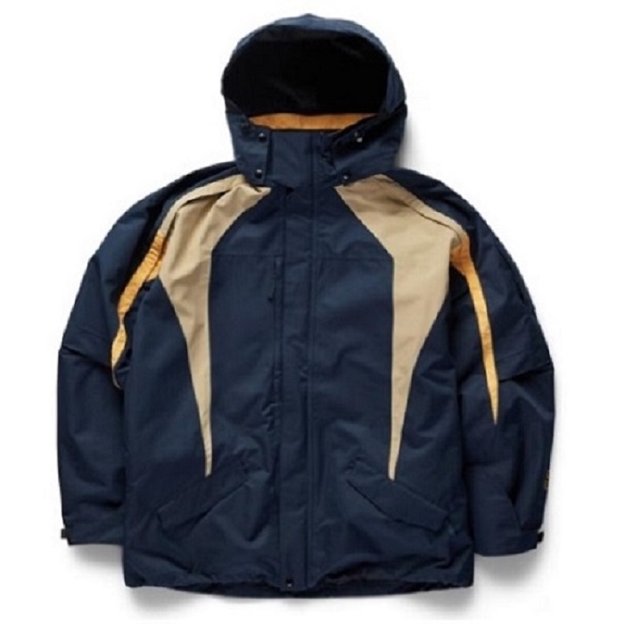 Navy hooded windbreaker with tan panel accents along the chest and shoulders.