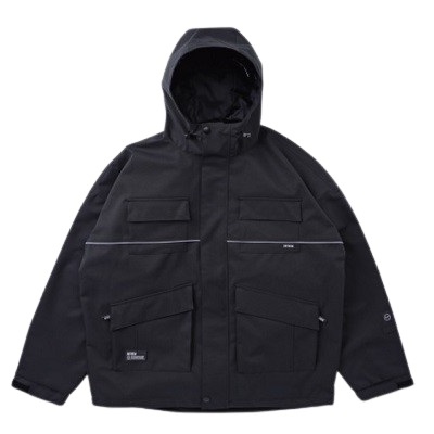 Black hooded jacket with two zippered chest pockets and two large flap pockets.