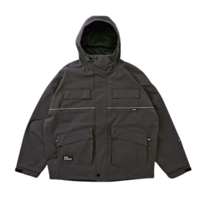 Dark gray hooded jacket with multiple front pockets and zippers, laid flat.
