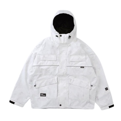White hooded jacket with multiple front pockets and a black-lined hood interior
