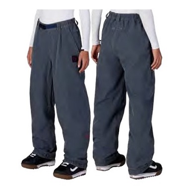 WS OUTLINE SHELL PT DENIM - SHOP NEWS | ムラサキスポーツオンラインストア 通販 Two people modeling loose gray outdoor pants with elastic waistbands and cuffed ankles.”