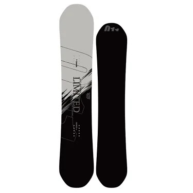 Two snowboards standing upright side by side, one gray with a graphic pattern and the other solid black, showing a geometric design on the gray board.