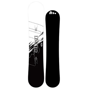 Pair of snowboards standing upright: left white with black geometric graphic and 'LIMITED' text, right solid black with small logo at the top.