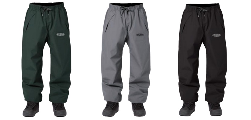bstacspntc - SHOP NEWS | ムラサキスポーツオンラインストア 通販 Set of three hiking pants in dark green, gray, and black shown from waist to boot with drawstring waists and cuffed ankles (logo on thigh).