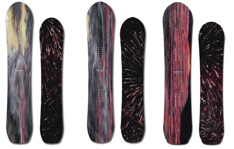 Six snowboard decks arranged in a row, each with bold red/pink and dark abstract firework-style graphics on a black/gray background.