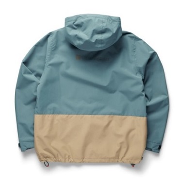 jpn15 - SHOP NEWS | ムラサキスポーツオンラインストア 通販 Back view of a teal and beige two-tone hooded windbreaker jacket with an adjustable hem drawcords at the bottom.