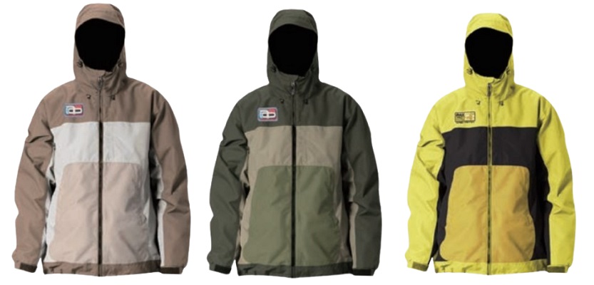 y2k1 - SHOP NEWS | ムラサキスポーツオンラインストア 通販 Three color-block hooded jackets displayed front-facing in tan, olive, and neon yellow/black, each with front zipper and chest patch logo.