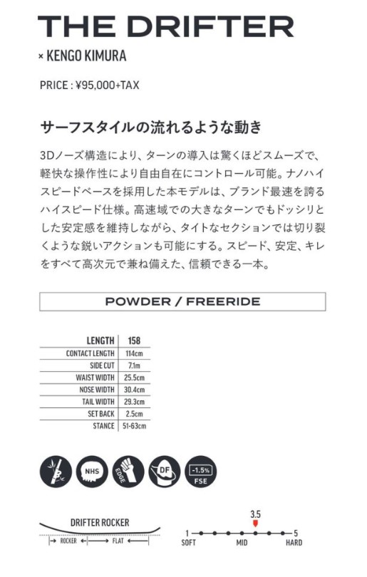 Product page for THE DRIFTER snowboard by Kengo Kimura, price ¥95,000＋tax, with powder/freeride specs and size chart.