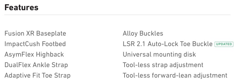 スクリーンショット 2026-05-09 193553 - SHOP NEWS | ムラサキスポーツオンラインストア 通販 Features list for snowboard bindings: baseplate, footbed, highback, straps, buckles, mounting disk, and tool-less adjustments.