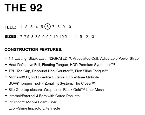 スクリーンショット 2026-05-11 195413 - SHOP NEWS | ムラサキスポーツオンラインストア 通販 THE 92 construction features list: Lasting, heat reflective foil, TPU toe cap, midsole, lip and liner details shown as bullet points