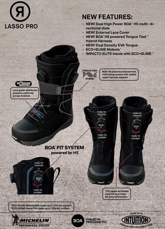 Main black Lasso Pro boot with BOA fit system, shown with close-ups of the turn-to-tighten dials, external lace cover, and dual tongue/hold features; feature bullets listed to the right.