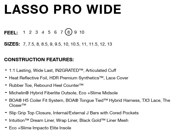 Lasso Pro Wide product info card showing feel scale with 8 circled, sizes 7–13, and construction features such as 1:1 lasting, BOA system, and Eco + Slime insole.