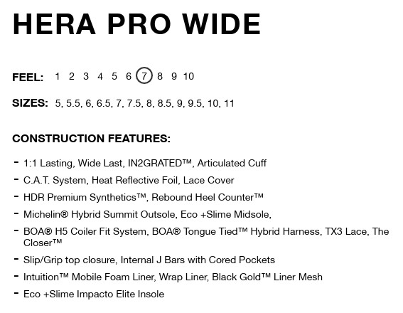 スクリーンショット 2026-05-13 131211 - SHOP NEWS | ムラサキスポーツオンラインストア 通販 HERA PRO WIDE product spec sheet showing Feel 7, available sizes (5–11), and construction features like 1:1 Last IN2GRATED, C.A.T. System, HDR Premium, BOA H5, and various liners.